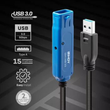 Lindy 15m USB 3.0 Active Extension Pro, 15 m, USB A, USB A, USB 3.2 Gen 1 (3.1 Gen 1), 5 Gbit/s, Juoda