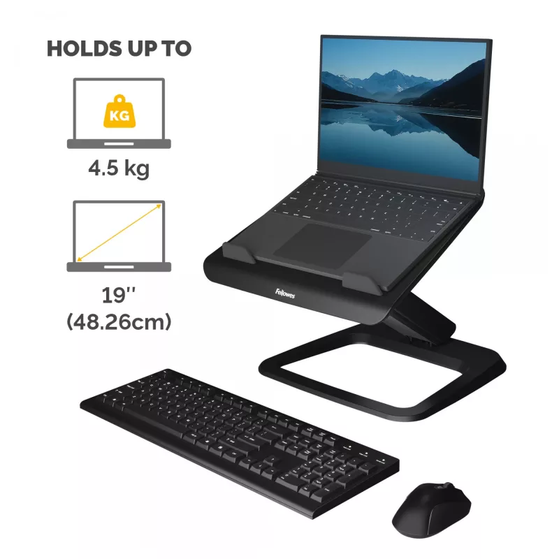 Fellowes nešiojamojo kompiuterio stovas stalui - Hana LT nešiojamojo kompiuterio stovas namams ir biurui - Reguliuojamas nešiojamojo kompiuterio stovas su 3 aukščio reguliavimais - Maks. monitoriaus dydis 19 colių, maks. svoris 4,5 kg - Juoda