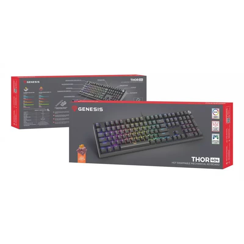 Mechaninė klaviatūra Genesis THOR 404 — pilno dydžio 100% USB QWERTY anglų k., juoda, RGB