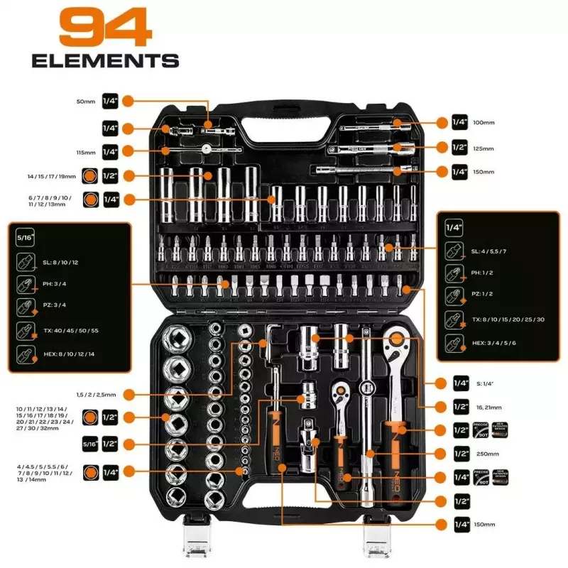Lizdų rinkinys NEO Tools 10-062, 1/2 colio pavara, 10 vienetų