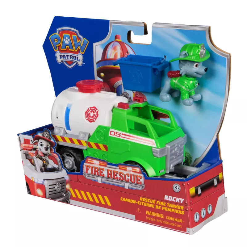 PAW Patrol gaisrinė gelbėtoja: Rocky gelbėjimo gaisrinė autocisterna su veiksmo figūrėle, griebimo žnyplėmis ir žaisliniu sunkvežimiu, vaikiški žaislai berniukams ir mergaitėms nuo 3 metų