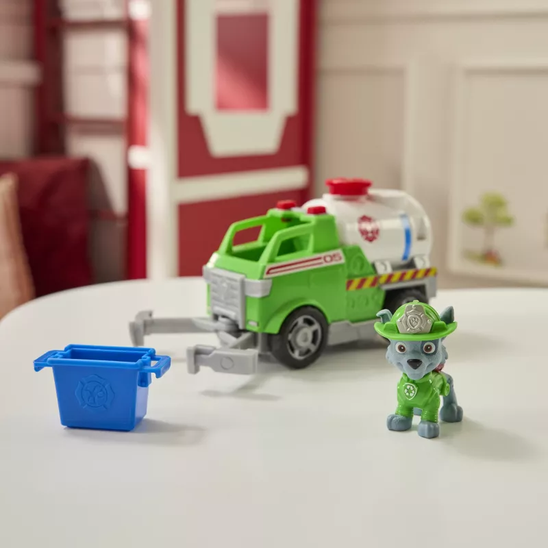 PAW Patrol gaisrinė gelbėtoja: Rocky gelbėjimo gaisrinė autocisterna su veiksmo figūrėle, griebimo žnyplėmis ir žaisliniu sunkvežimiu, vaikiški žaislai berniukams ir mergaitėms nuo 3 metų