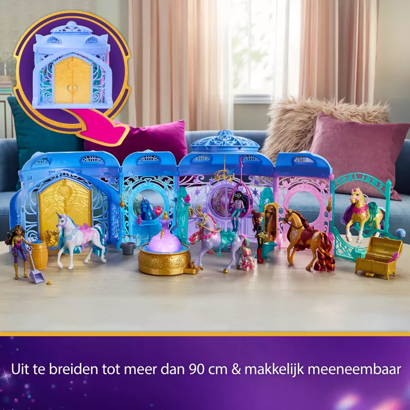 „Spin Master Unicorn Academy“ žaidimų aikštelė su arklide, fontanu, šviesos ir garso efektais