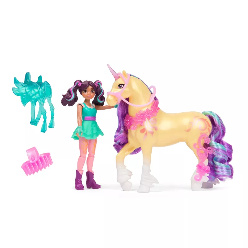 Mini lėlių rinkinys Usorteret Unicorn Academy Ava & Leaf Power of Friendship su permatomu balnu ir 2 priedais, 168 mm, plastikas