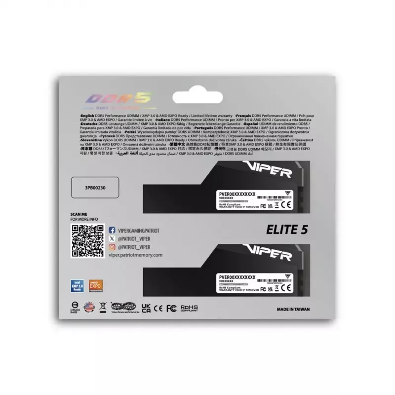 Staliniams kompiuteriams skirta DDR5 RAM PATRIOT Viper Elite 5 Ultra 64GB (2x32GB) 6000MHz CL28 1.4V su aušinimo radiatoriumi