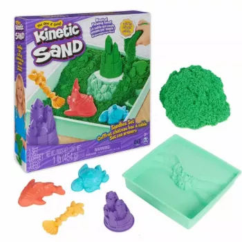 „Spinmaster“ vaikiškas kinetinio smėlio rinkinys 6067479 — 454 g žalio žaidimų smėlio, smėlio dėžės saugykla, 4 formelės ir įrankiai