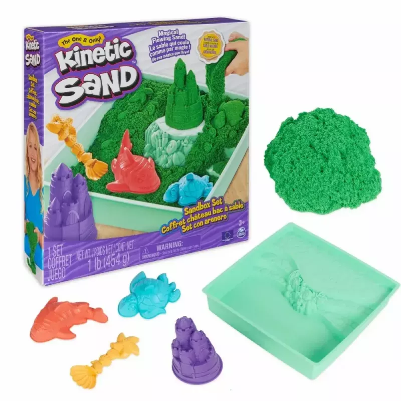 „Spinmaster“ vaikiškas kinetinio smėlio rinkinys 6067479 — 454 g žalio žaidimų smėlio, smėlio dėžės saugykla, 4 formelės ir įrankiai