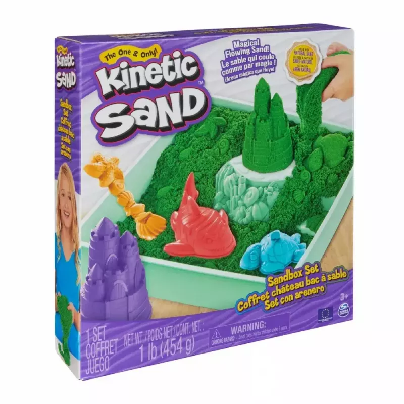 „Spinmaster“ vaikiškas kinetinio smėlio rinkinys 6067479 — 454 g žalio žaidimų smėlio, smėlio dėžės saugykla, 4 formelės ir įrankiai