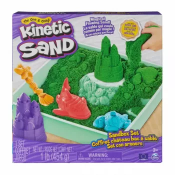 „Spinmaster“ vaikiškas kinetinio smėlio rinkinys 6067479 — 454 g žalio žaidimų smėlio, smėlio dėžės saugykla, 4 formelės ir įrankiai