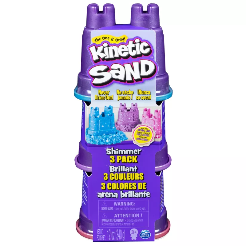 Kinetic Sand, Shimmer Sand 3 rinkinys su formomis ir 12 uncijų, vaikų kinetinis smėlis, 4 metai, netoksiškas, plastikas, mėlyna, rožinė, violetinė