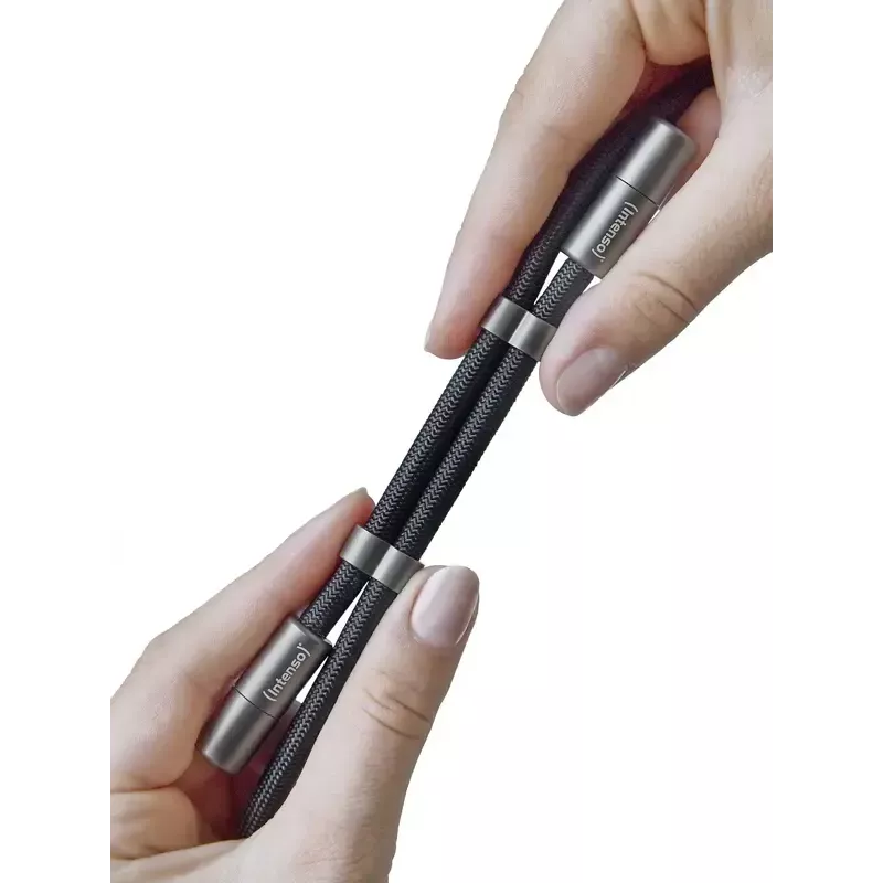 Intenso USB-C įkrovimo dirželio telefono kaklo kabelis 60W greitas įkrovimas reguliuojamas ilgis 1.65m nailonas juodas