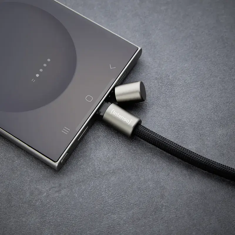 Intenso USB-C įkrovimo dirželio telefono kaklo kabelis 60W greitas įkrovimas reguliuojamas ilgis 1.65m nailonas juodas