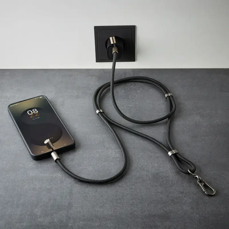 Intenso USB-C įkrovimo dirželio telefono kaklo kabelis 60W greitas įkrovimas reguliuojamas ilgis 1.65m nailonas juodas