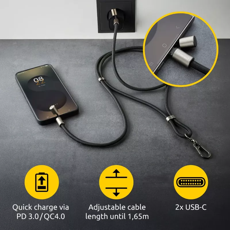 Intenso USB-C įkrovimo dirželio telefono kaklo kabelis 60W greitas įkrovimas reguliuojamas ilgis 1.65m nailonas juodas