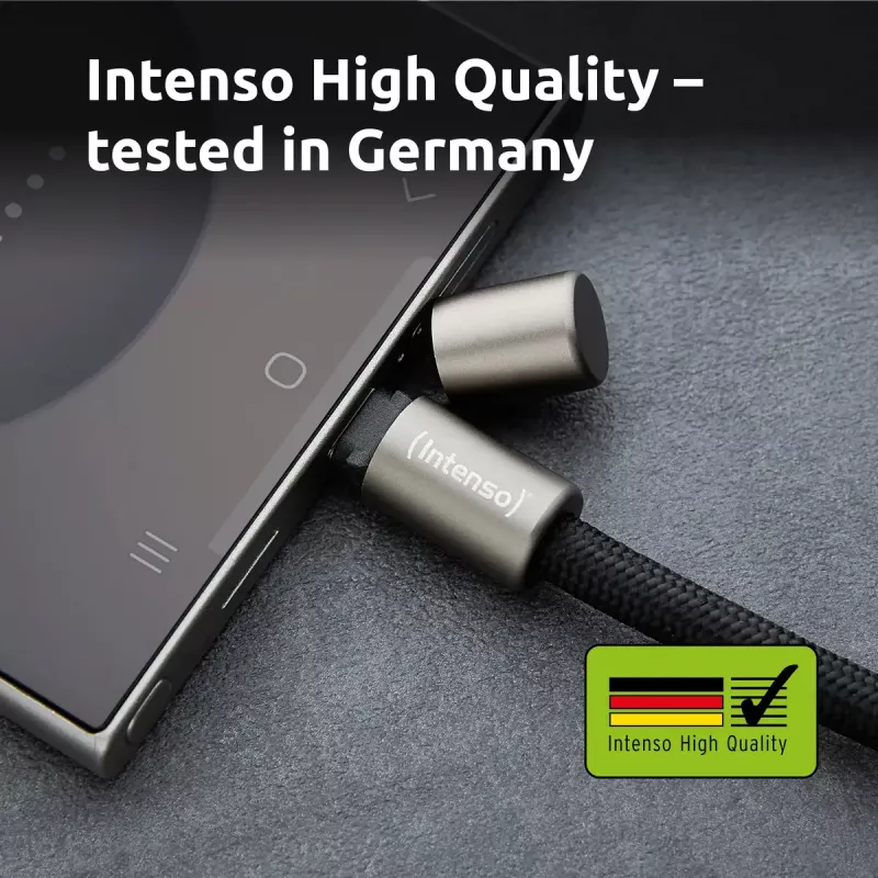 Intenso USB-C įkrovimo dirželio telefono kaklo kabelis 60W greitas įkrovimas reguliuojamas ilgis 1.65m nailonas juodas