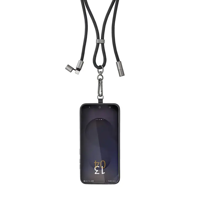 Intenso USB-C įkrovimo dirželio telefono kaklo kabelis 60W greitas įkrovimas reguliuojamas ilgis 1.65m nailonas juodas