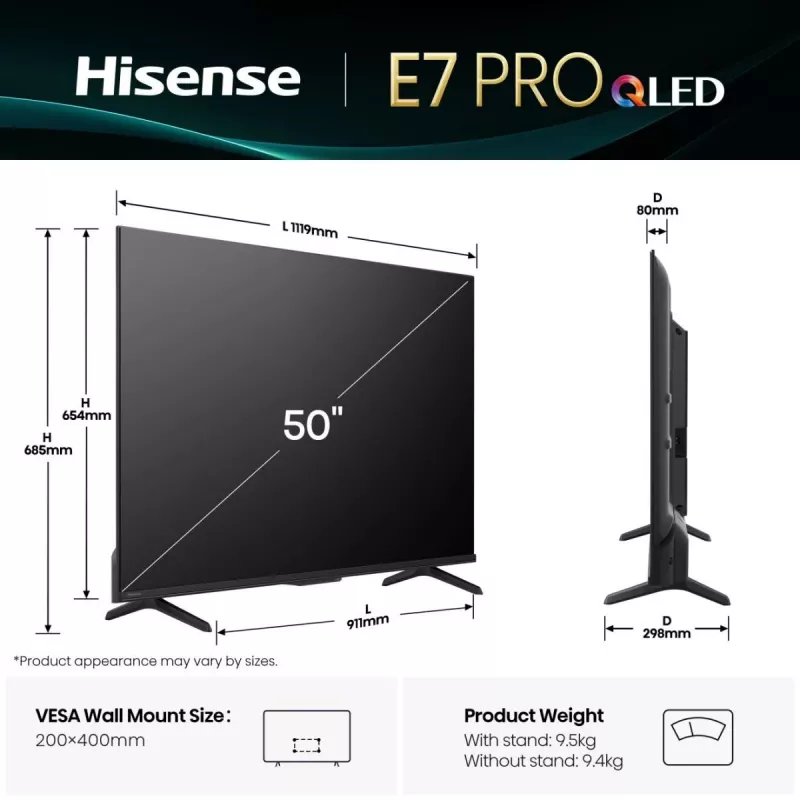 Hisense 50E77Q PRO 127 cm (50 colių) 4K Ultra HD išmanusis televizorius su Wi-Fi, juodas