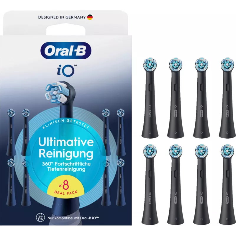 Oral-B iO Ultimate Clean pakaitinės šepetėlių galvutės – 8 vnt. pakuotė, juodos, skirtos puikiam apnašų šalinimui