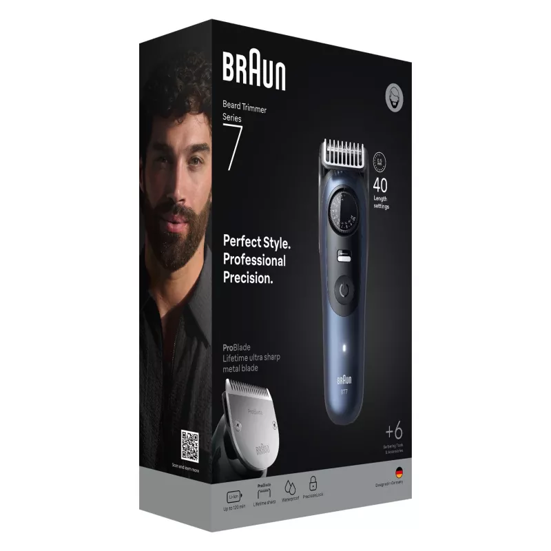 Braun BeardTrimmer 7 BT7520 baterija 40 2 cm Wet & Dry Juoda, Blue