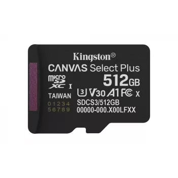 Kingston Technology 512GB micSDXC Canvas Select Plus Gen3 150R A1 viena pakuotė w/o ADP
