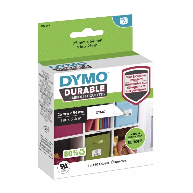 DYMO Authentic LabelWriter patvarios etiketės | 25 mm x 54 mm | Baltas polipropilenas | 160 lipnių etikečių | Aukštos kokybės | Skirtos LabelWriter etikečių spausdintuvams