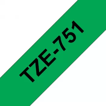 Laminuota etikečių juostelė Brother TZe-751 24 mm — juoda ant žalios, 8 m, pilka kasetė