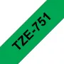 Laminuota etikečių juostelė Brother TZe-751 24 mm — juoda ant žalios, 8 m, pilka kasetė