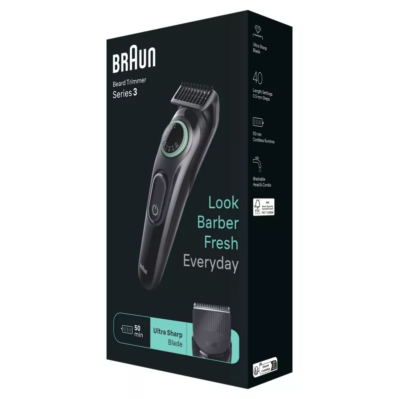 Braun BeardTrimmer 3 BT3411 Baterija 40 2 cm Juoda, Žalia