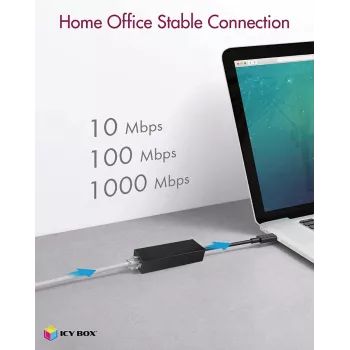 ICY BOX USB 3.0 A tipo į RJ-45 eterneto prievadą, Laidinis, USB, Eternetas, 1000 Mbit/s, Juoda