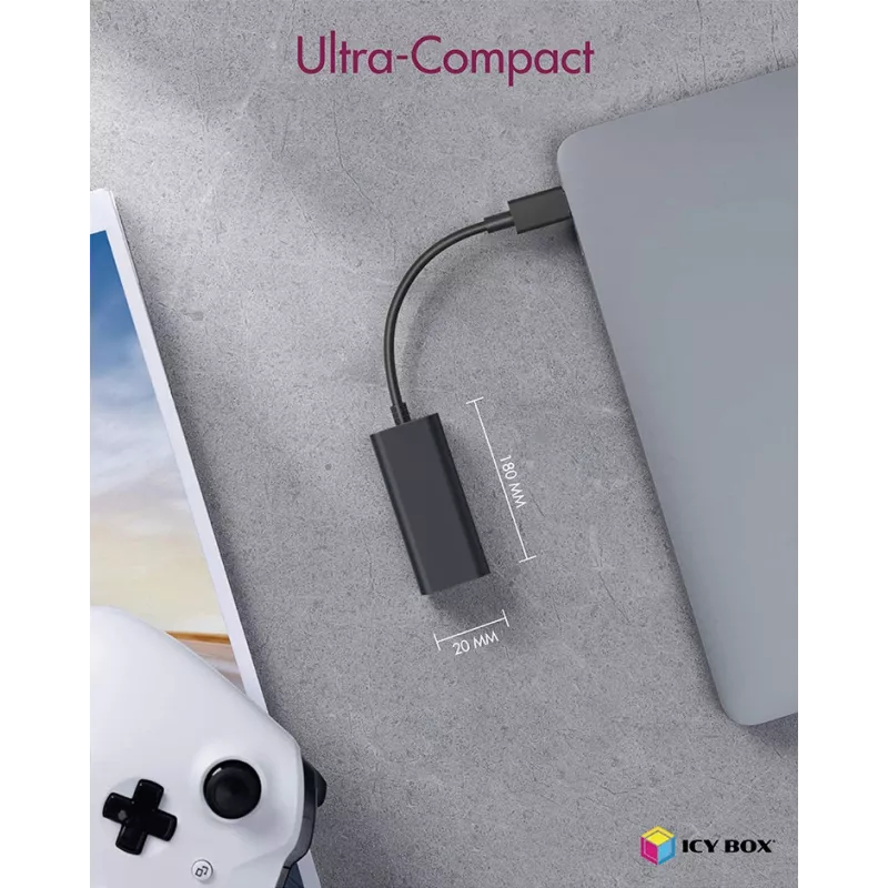 ICY BOX USB 3.0 A tipo į RJ-45 eterneto prievadą, Laidinis, USB, Eternetas, 1000 Mbit/s, Juoda