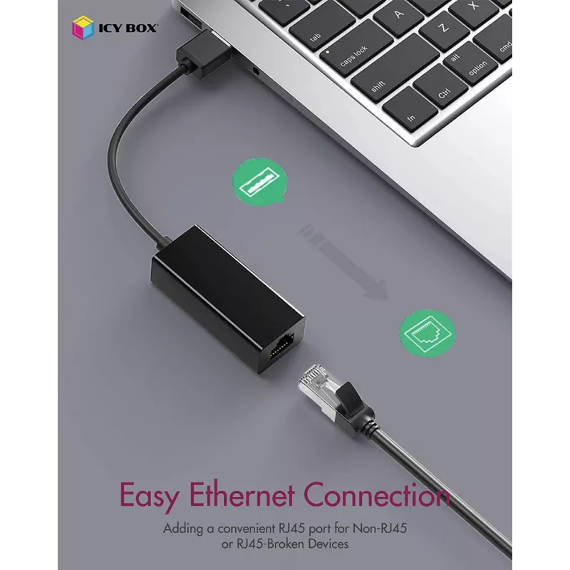 ICY BOX USB 3.0 A tipo į RJ-45 eterneto prievadą, Laidinis, USB, Eternetas, 1000 Mbit/s, Juoda
