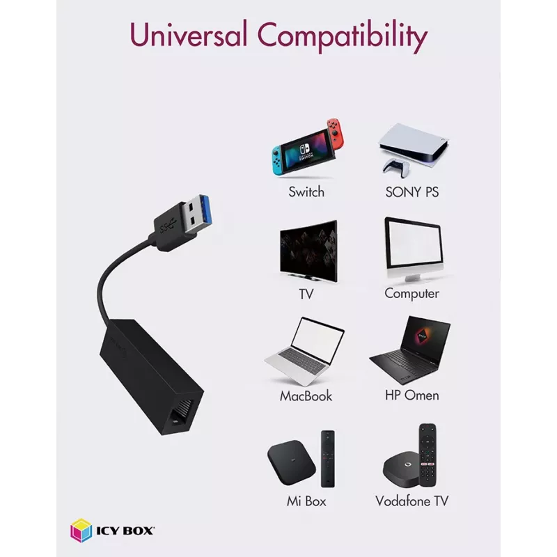 ICY BOX USB 3.0 A tipo į RJ-45 eterneto prievadą, Laidinis, USB, Eternetas, 1000 Mbit/s, Juoda