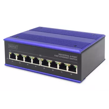 DIGITUS Pramoninis 8 prievadų Fast Ethernet komutatorius DIN bėgiui, išplėstas temperatūros diapazonas
