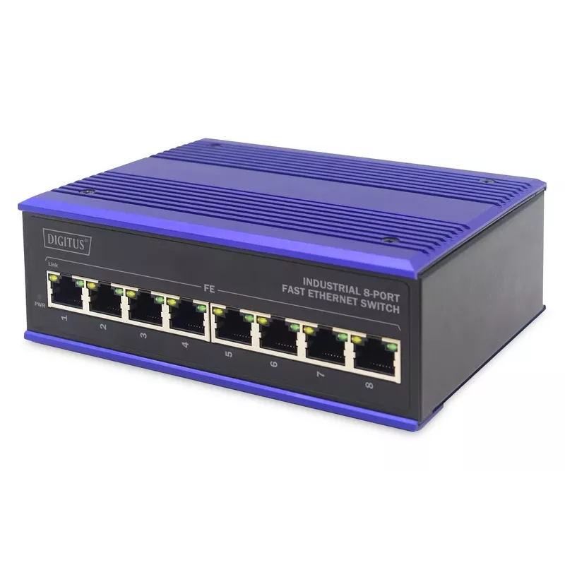 DIGITUS Pramoninis 8 prievadų Fast Ethernet komutatorius DIN bėgiui, išplėstas temperatūros diapazonas