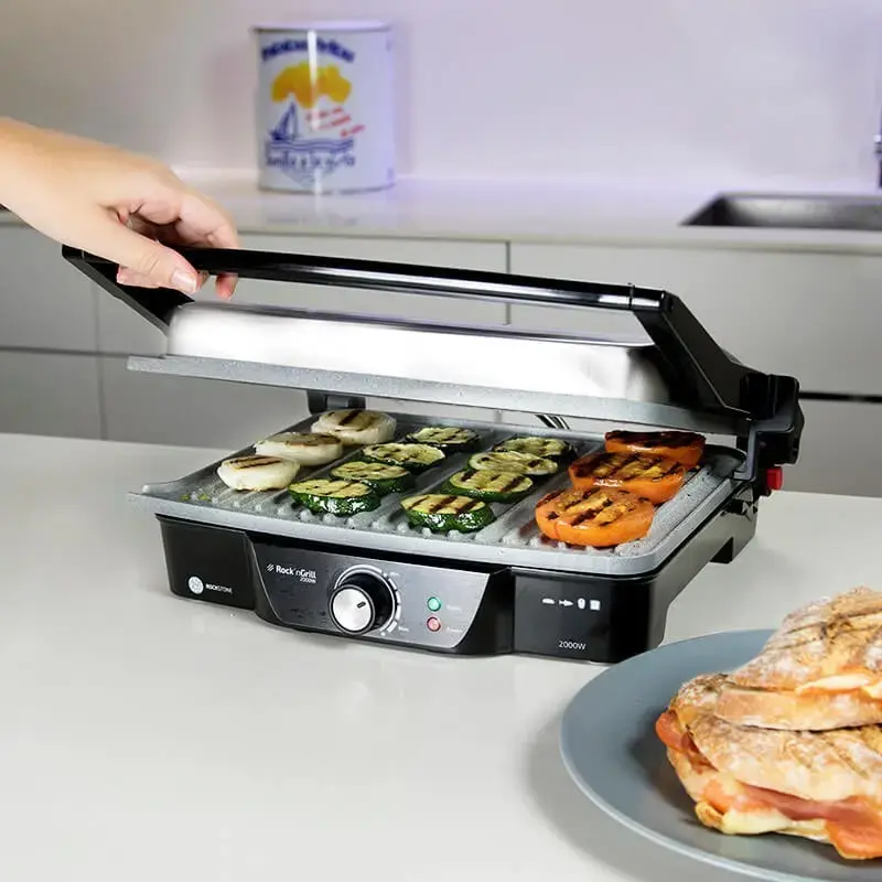 Kontaktinis grilis CECOTEC Rock'nGrill 2000 — 2000 W, stačiakampis, juodas / nerūdijantis plienas, reguliuojamas termostatas, 340×330×130 mm
