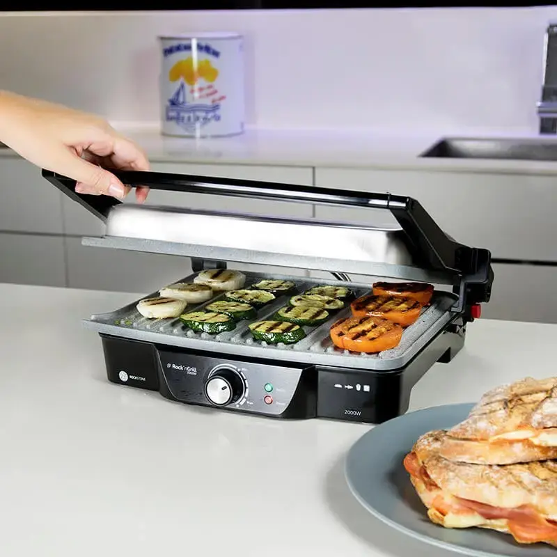 Kontaktinis grilis CECOTEC Rock'nGrill 2000 — 2000 W, stačiakampis, juodas / nerūdijantis plienas, reguliuojamas termostatas, 340×330×130 mm