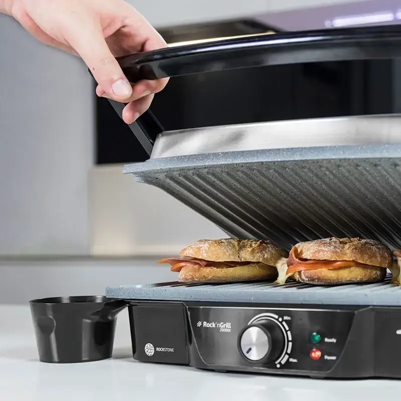 Kontaktinis grilis CECOTEC Rock'nGrill 2000 — 2000 W, stačiakampis, juodas / nerūdijantis plienas, reguliuojamas termostatas, 340×330×130 mm