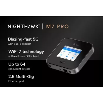 Korinio tinklo maršrutizatorius Netgear Nighthawk M7 Pro — Trijų dažnių juostų „Wi‑Fi“ 2,4/5/6 GHz, 5G Sub6, LTE, Gigabitinis eternetas, USB-C, nešiojamasis, juodas