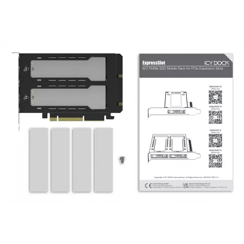 „Icy Dock ExpressSlot Elite“ sąsajos plokštė MB842MP-B – PCIe karšto keitimo 2,5 colio diskų įlankos adapteris, juoda/sidabrinė