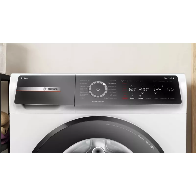 Bosch Serie 8 WGB244A40 skalbimo mašina su priekine pakrova, 9 kg, 1400 aps./min., i-Dos, balta/juoda