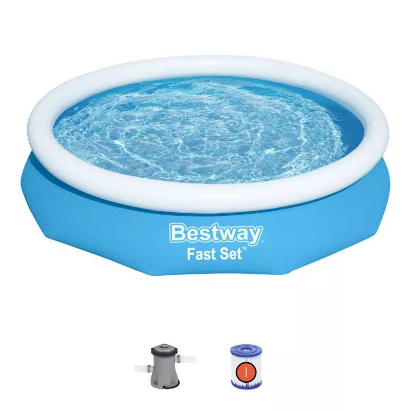 Bestway Fast Set apvalus pripučiamas baseino komplektas 3,05 m x 66 cm, 3200 l, Pripučiamas baseinas, Vaikams ir suaugusiems, Mėlynas, Baltas, 9,26 kg