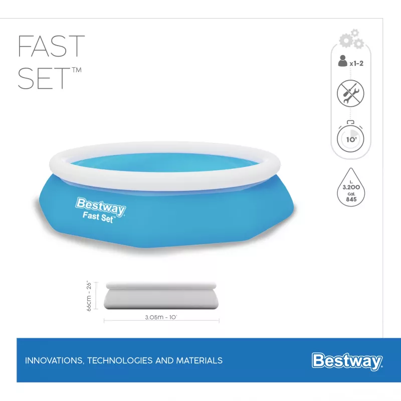 Bestway Fast Set apvalus pripučiamas baseino komplektas 3,05 m x 66 cm, 3200 l, Pripučiamas baseinas, Vaikams ir suaugusiems, Mėlynas, Baltas, 9,26 kg