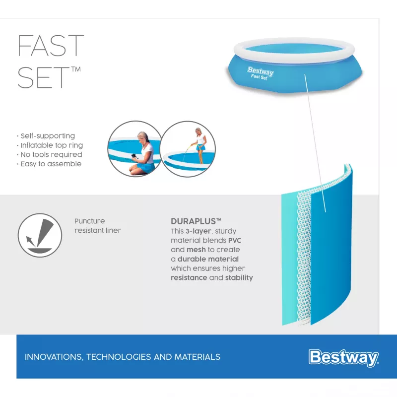 Bestway Fast Set apvalus pripučiamas baseino komplektas 3,05 m x 66 cm, 3200 l, Pripučiamas baseinas, Vaikams ir suaugusiems, Mėlynas, Baltas, 9,26 kg