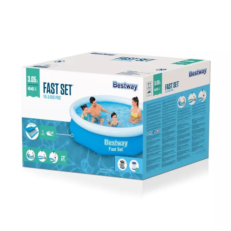 Bestway Fast Set apvalus pripučiamas baseino komplektas 3,05 m x 66 cm, 3200 l, Pripučiamas baseinas, Vaikams ir suaugusiems, Mėlynas, Baltas, 9,26 kg