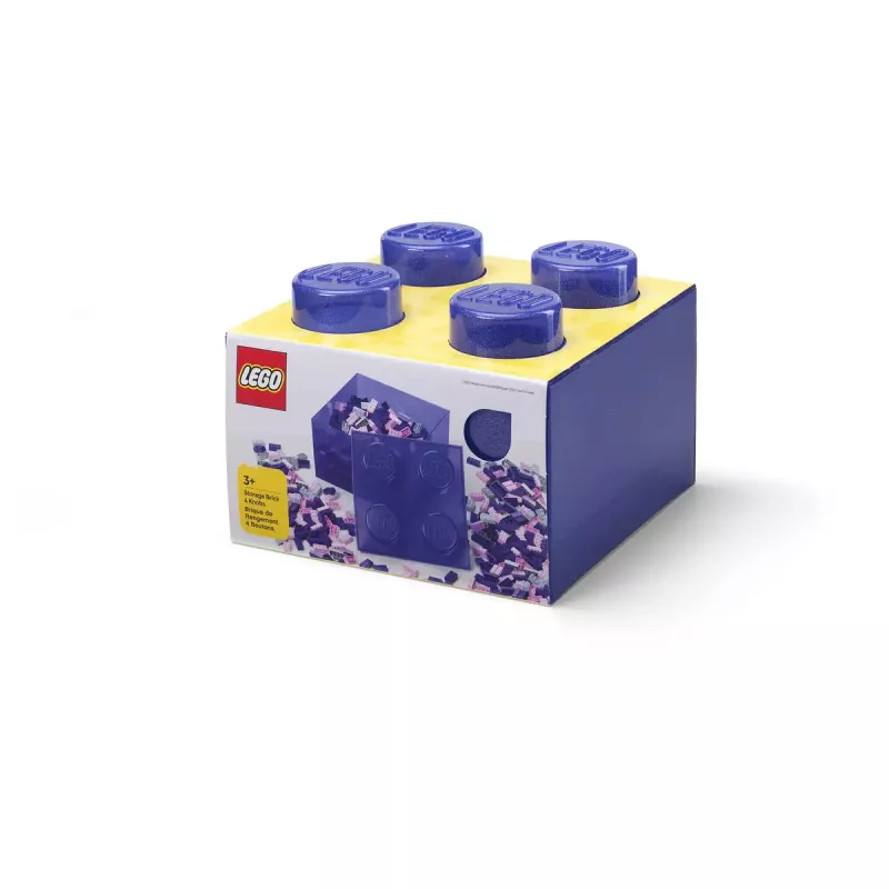 Dėžutė Room Copenhagen LEGO Storage Brick 4 viršutinis dangtis blizgučiai — violetinė/permatoma