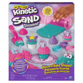 Kinetic Sand Shimmer, Unicorn Bake Shoppe žaidimų rinkinys, 16oz (žvilganti žalsvai mėlyna ir neoninė rožinė), 8 vienaragių įrankiai, sensoriniai žaislai vaikams nuo 3 metų