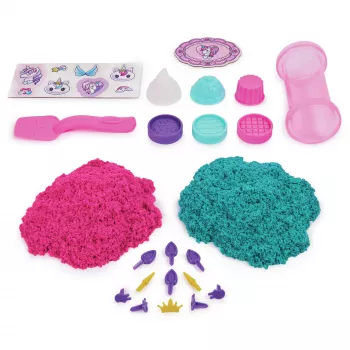 Kinetic Sand Shimmer, Unicorn Bake Shoppe žaidimų rinkinys, 16oz (žvilganti žalsvai mėlyna ir neoninė rožinė), 8 vienaragių įrankiai, sensoriniai žaislai vaikams nuo 3 metų