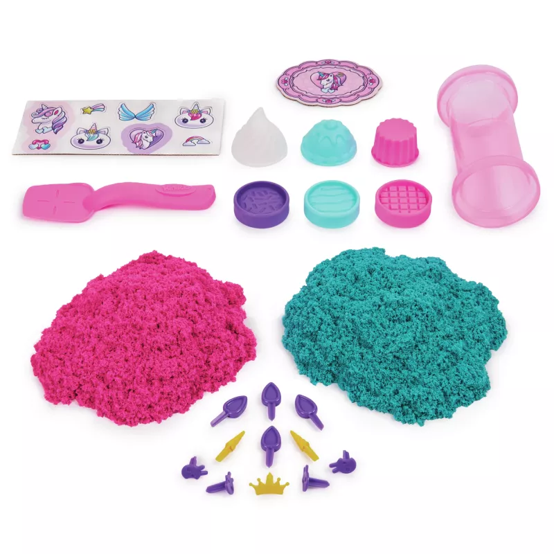 Kinetic Sand Shimmer, Unicorn Bake Shoppe žaidimų rinkinys, 16oz (žvilganti žalsvai mėlyna ir neoninė rožinė), 8 vienaragių įrankiai, sensoriniai žaislai vaikams nuo 3 metų