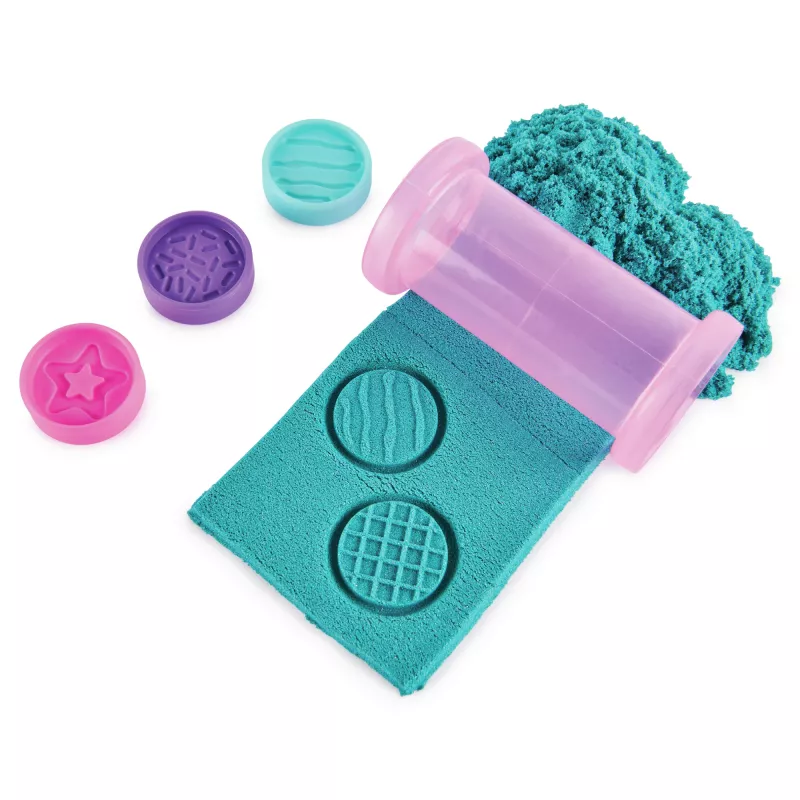 Kinetic Sand Shimmer, Unicorn Bake Shoppe žaidimų rinkinys, 16oz (žvilganti žalsvai mėlyna ir neoninė rožinė), 8 vienaragių įrankiai, sensoriniai žaislai vaikams nuo 3 metų