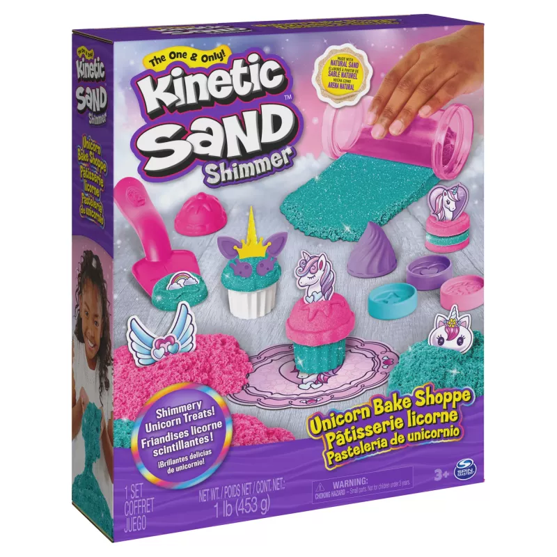 Kinetic Sand Shimmer, Unicorn Bake Shoppe žaidimų rinkinys, 16oz (žvilganti žalsvai mėlyna ir neoninė rožinė), 8 vienaragių įrankiai, sensoriniai žaislai vaikams nuo 3 metų